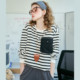 a02立体口袋设计撞色条纹长袖 T恤2025春秋休闲圆领百搭女式 卫衣