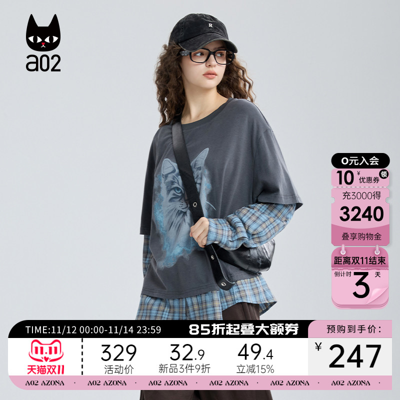 a02黑猫系列格子拼接假两件宽松圆领长袖T恤女2025新款秋季打底衫