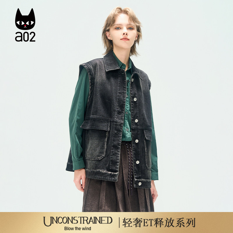 a02【ET释放系列】复古水洗牛仔马甲女2025新款秋季无袖外套通勤