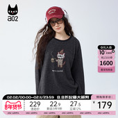 圆领T恤女2025新款 冬季 打底衫 a02黑猫系列宽松磨毛长袖 上衣冬装