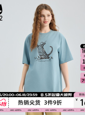 a02黑猫系列宽松圆领蓝色短袖T恤女2026春秋新款通勤穿搭上衣