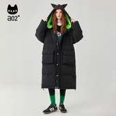 长款 a02潮流印花2025冬季 甜酷字母动物慵懒风带帽宽松版 猫头棉服