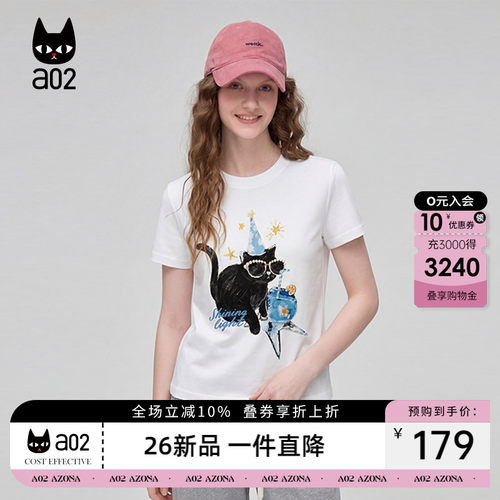 a02眼睛猫咪印花钉珠短袖T恤女2026夏季新款正肩简约宽松女上衣