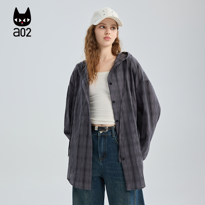 a02休闲宽松连帽衬衫女2025新款秋季格子衬衣外套设计感秋装上衣