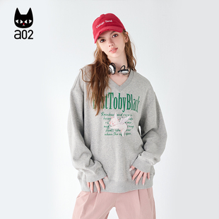 a02新款2025春秋可爱校园风V领短款卫衣女不规则下摆开叉长袖上装