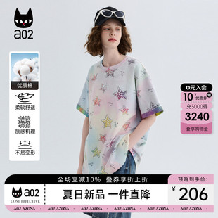 a02复古扎染五角星字母圆领短袖T恤女夏2026宽松休闲通勤上衣女