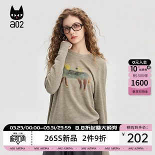a02黑猫系列马年天丝圆领长袖T恤女款2026新款春秋打底衫内搭上衣