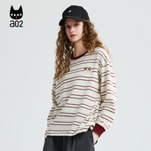 a02亲肤透气宽松圆领条纹长袖 上衣内搭 打底衫 T恤女2026春季 新款