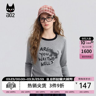 a02黑猫系列宽松短款白色圆领长袖T恤女2026新款春秋打底衫上衣