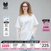 a02假两件冰丝长袖 上衣 宽松圆领百搭设计感夏装 T恤女2025新款 夏季