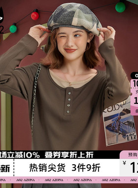 a02100%莫代尔长袖T恤女春秋中长款假2件打底衫套头合体T恤上衣