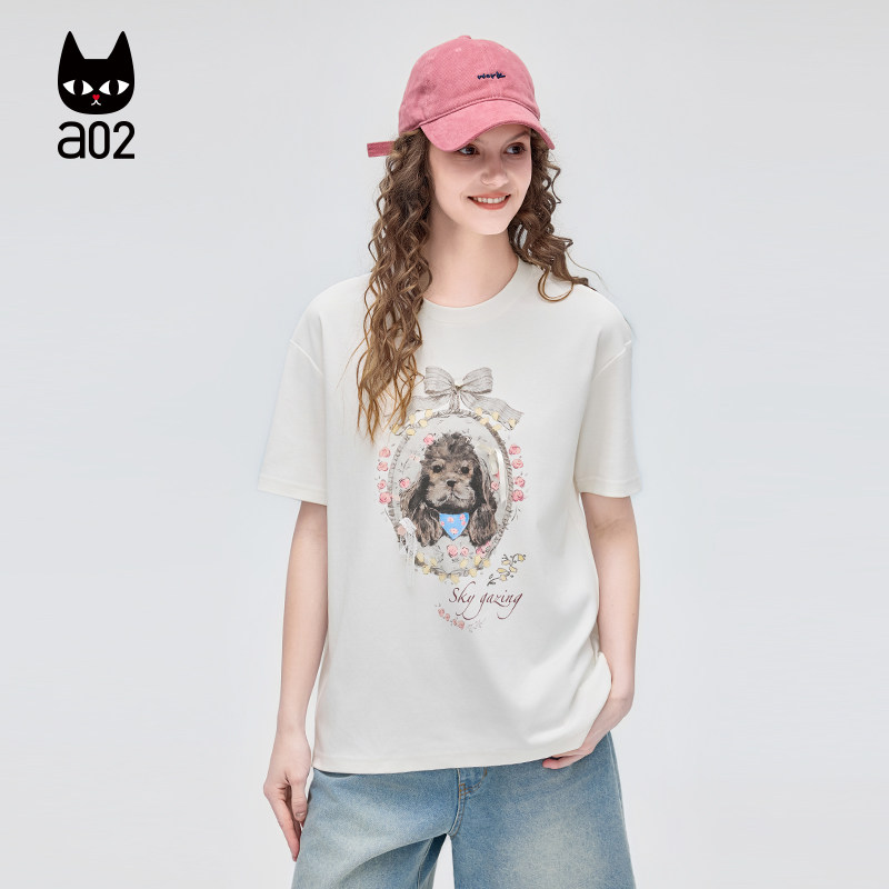 a02可爱蝴蝶结卡布狗狗印花短袖T恤女夏季新款宽松百搭圆领打底衫