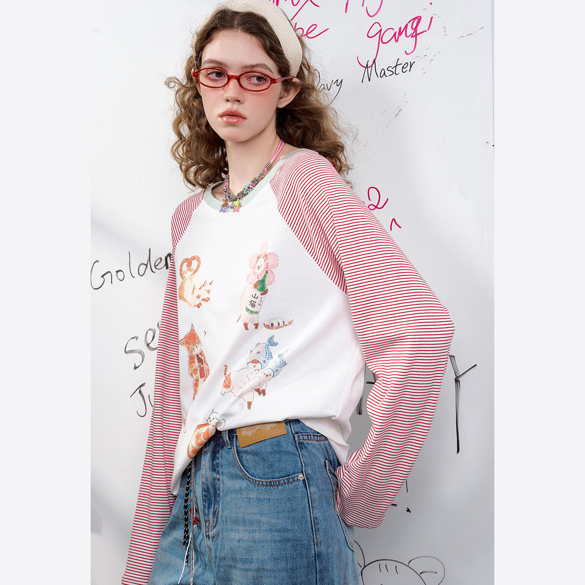 a02个性撞色条纹领口拼接印花长袖打底衫2025秋季休闲女式T恤,女装/女士精品,T恤,淘宝优惠券,粉丝福利购,淘宝优惠卷