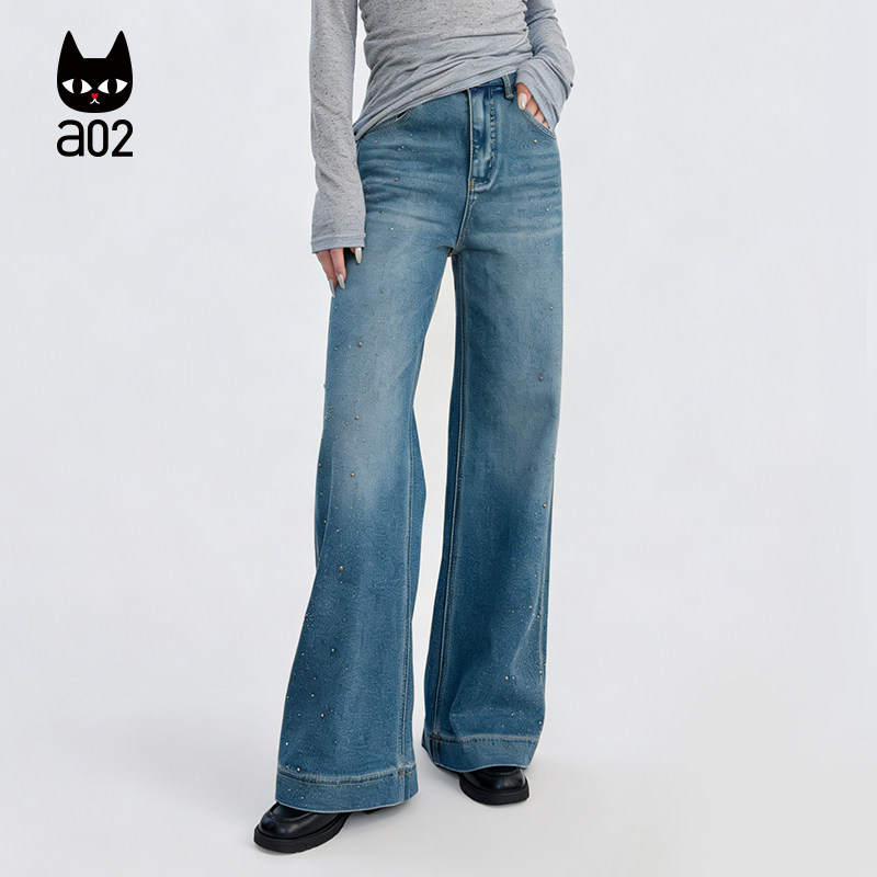 a02宽松复古烫钻直筒牛仔裤女2026新款春季蓝色阔腿休闲拖地裤子,女装/女士精品,牛仔裤,淘宝优惠券,粉丝福利购,淘宝优惠卷