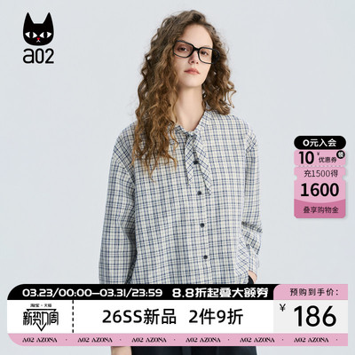 a02宽松清新小立领宽松格子系带衬衫女款2026新款春秋蓝白格衬衣