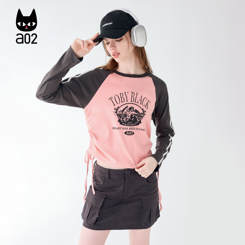 a02插肩袖宽松圆领长袖T恤女2026新款春秋小众设计感女装上衣图片