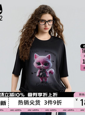 a02黑猫系列宽松黑色短袖T恤女2026新款春秋早秋上衣设计感打底衫