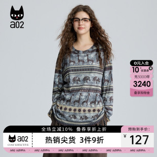 a02复古民族风满印宽松圆领长袖T恤女2026新款春秋设计感打底衫