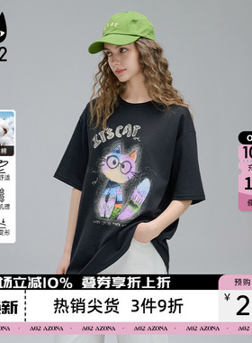 a02甜酷风趣味猫猫印花短袖T恤女2026新款夏季宽松圆领设计感上衣