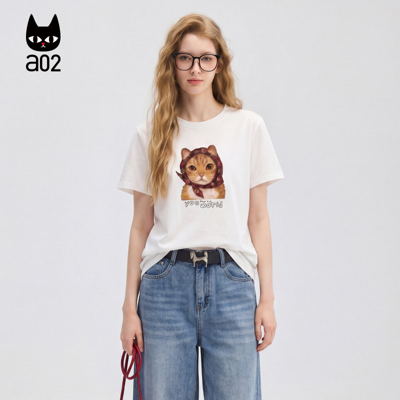 a02重工设计感可爱猫咪印花圆领短袖T恤女2026纯色宽松简约上衣