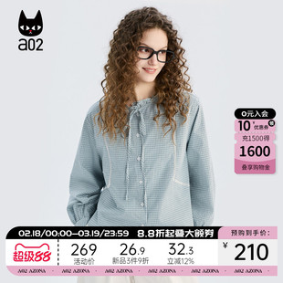 a02宽松甜美风木耳领系带格子衬衫女款2026新款春秋蕾丝衬衣外套