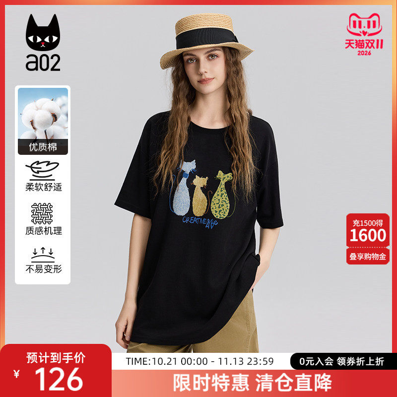 a02猫咪印花短袖T恤女2026新款夏季薄款圆领宽松上衣透气半袖