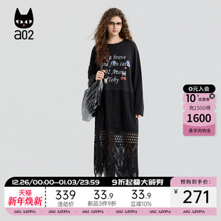 a02蕾丝假两件拼接连衣裙女2025新款 黑色设计感裙子早秋穿搭 秋季