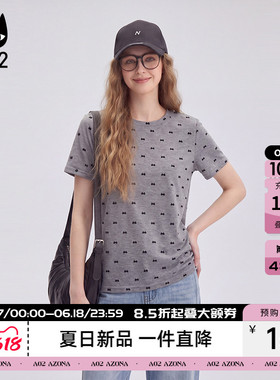 a02蝴蝶结植绒印花圆领短袖t恤女2026夏季新款深灰色复古风休闲