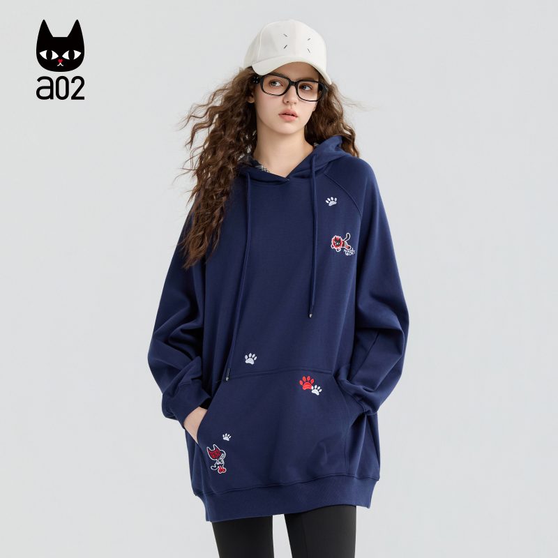 a02黑猫系列宽松连帽卫衣女2025新款秋季灰色早秋上衣松弛感穿搭