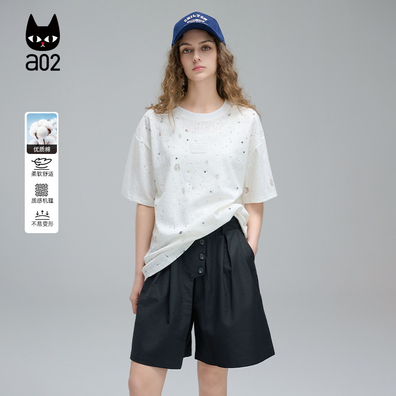 a02破洞潮酷蕾丝短袖T恤女2026新款夏季宽松显瘦圆领设计感上衣