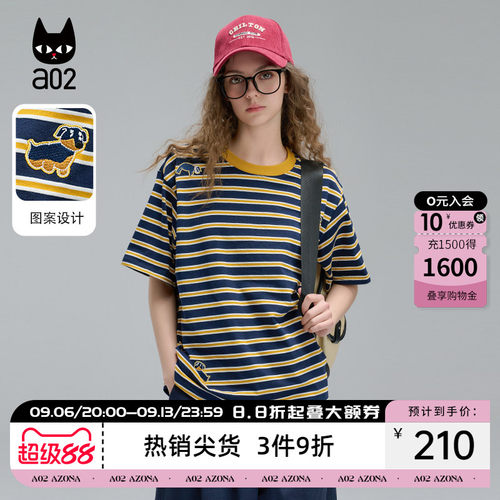 a02甜酷条纹短袖T恤女2026新款夏季猫咪印花设计感上衣宽松半袖
