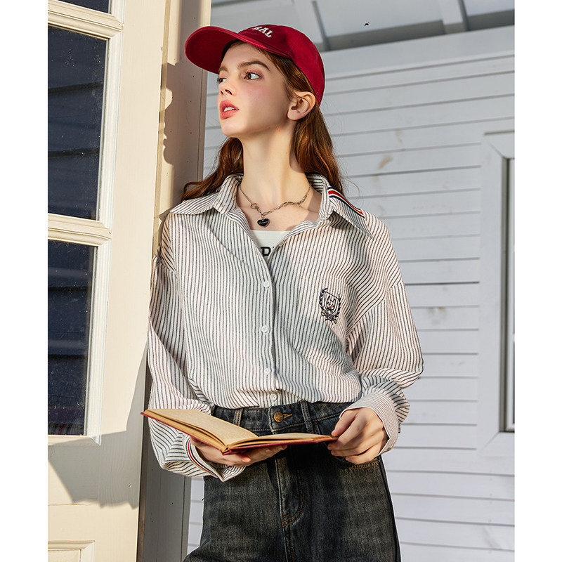 条纹长袖上衣学院风女式衬衫
