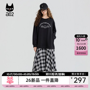 a02黑猫系列黑色假两件连衣裙女2026新款春秋宽松设计感卫衣裙子