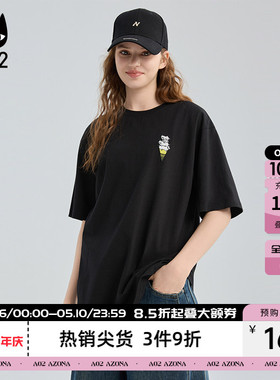 a02黑猫系列黑色圆领短袖T恤女2026新款春秋宽松设计感纯棉上衣