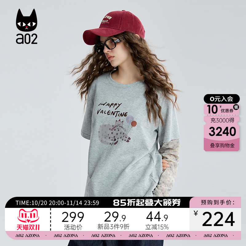 a02黑猫系列波点假两件圆领长袖T恤女2025新款秋季松弛感早秋上衣