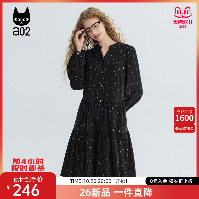 a02复古长袖连衣裙女V领宽松2026秋季新款黑色裙子女秋通勤穿搭