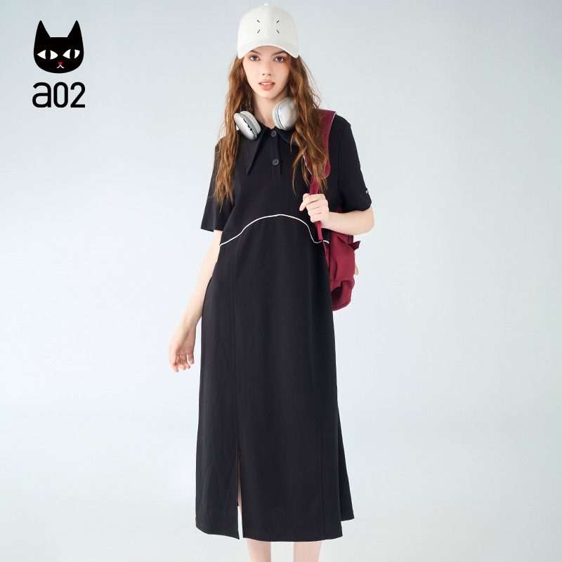 a02POLO领黑色连衣裙2025新款夏季女装中长款通勤夏装裙子