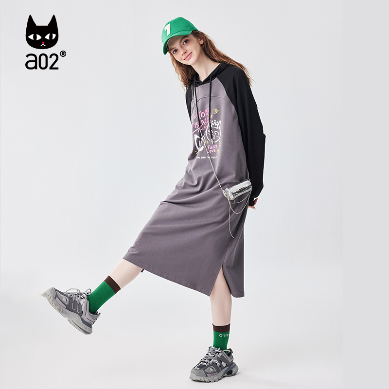 a02直筒宽松OVERSIZE插肩袖版型连帽卫衣连衣裙2026春秋新款女裙