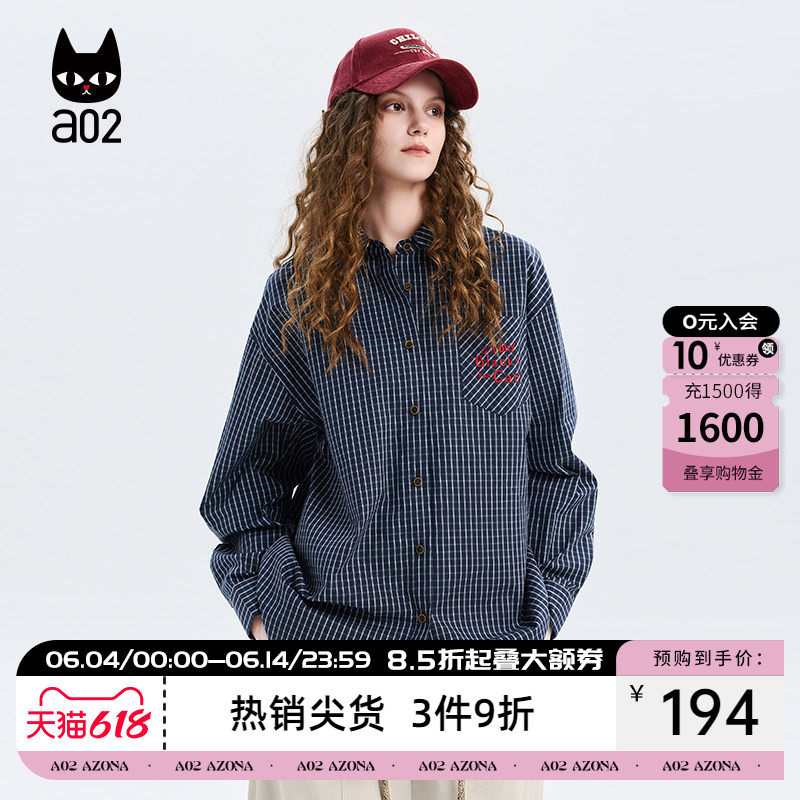 a02黑猫系列宽松藏青格子长袖衬衫女2026新款春季垂坠感衬衣外套