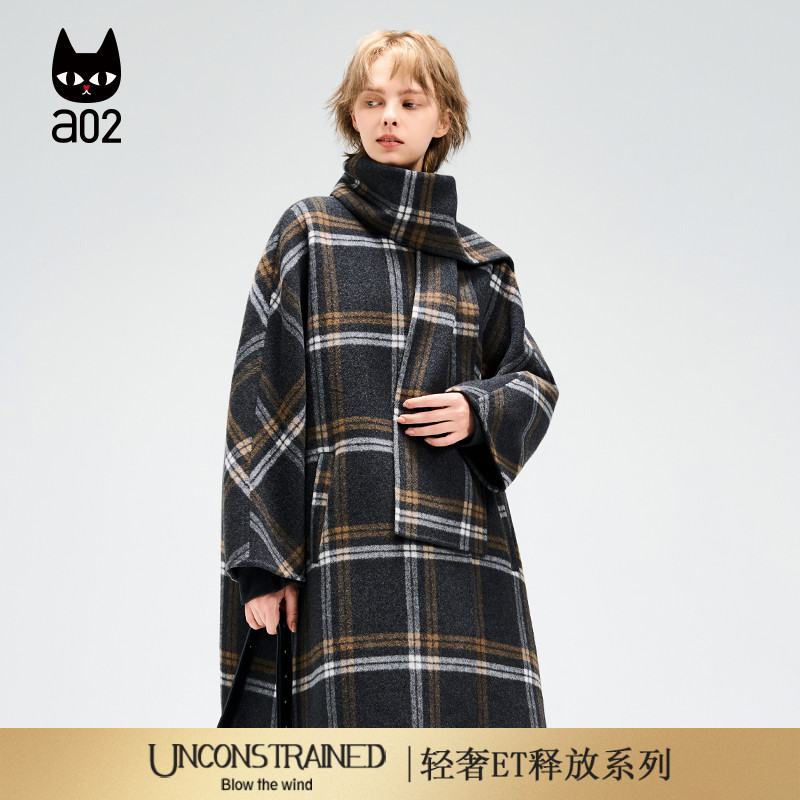 a02【ET释放系列】宽松格子双面毛呢大衣女2025新款冬季外套围巾