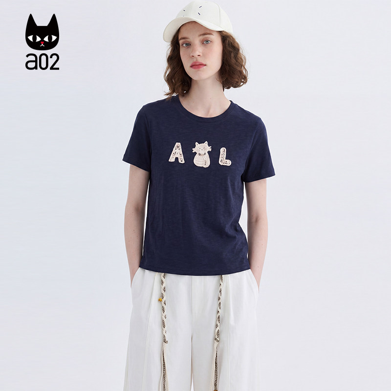 a02软糯宽松简约猫咪刺绣字母圆领短袖T恤女夏2026宽松休闲女T恤