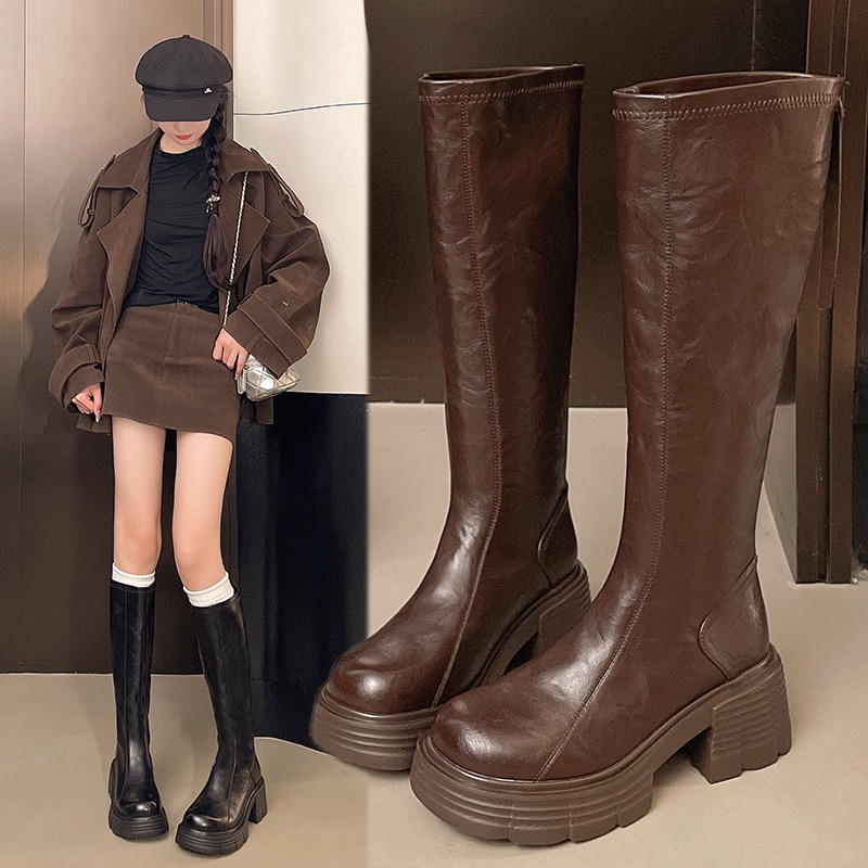 厚底黑色骑士靴女2025秋冬季小个子增高长筒靴百搭后拉链高跟靴子
