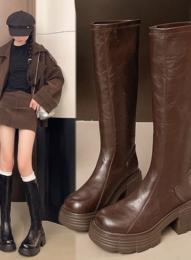 厚底黑色骑士靴女2025秋冬季小个子增高长筒靴百搭后拉链高跟靴子