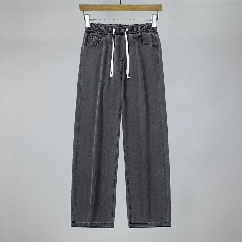 夏季薄款天丝莱塞尔料凉爽大直筒宽松阔腿裤抽绳黑灰休闲牛仔裤男