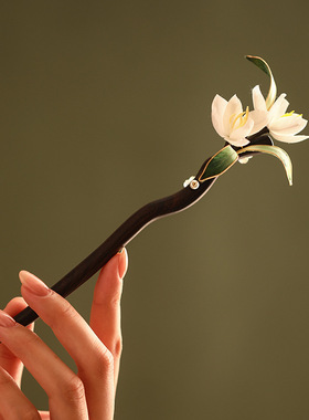 绒花檀木发簪古典丸子头