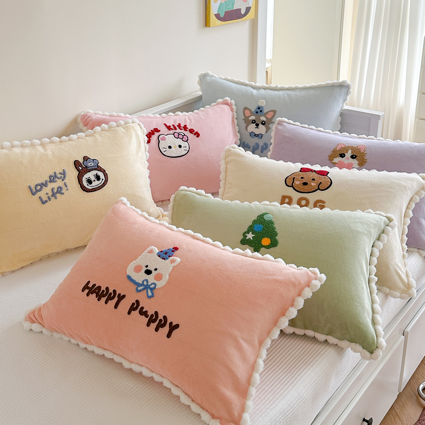 ins冬季牛奶绒毛巾绣成人枕套48x74cm加厚珊瑚绒枕芯内胆套单个装