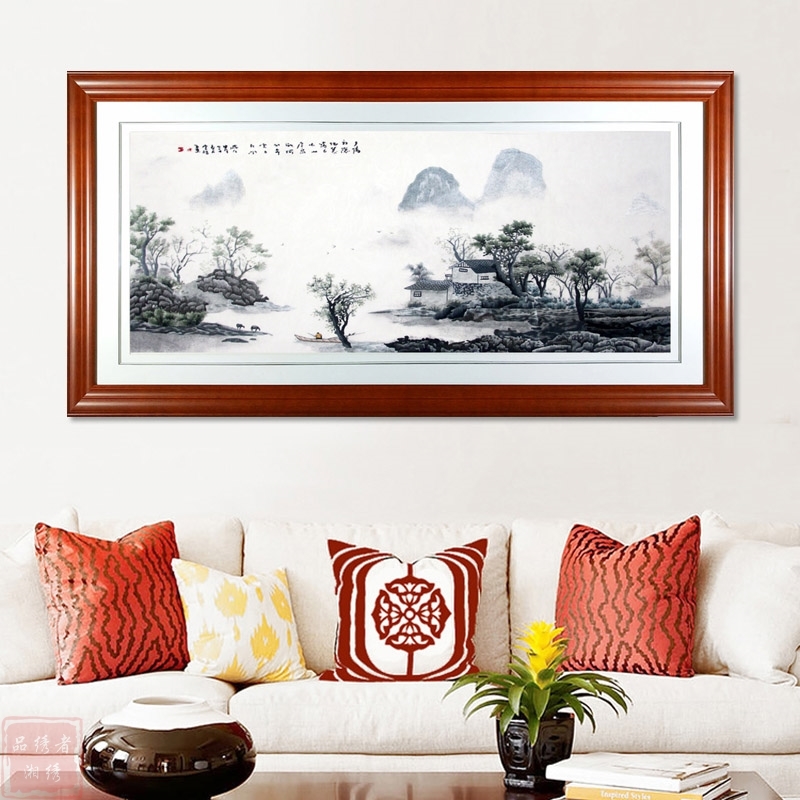 湘绣 风景山水画 手工刺绣开业乔迁 别墅酒店大堂客厅挂画装饰画图片