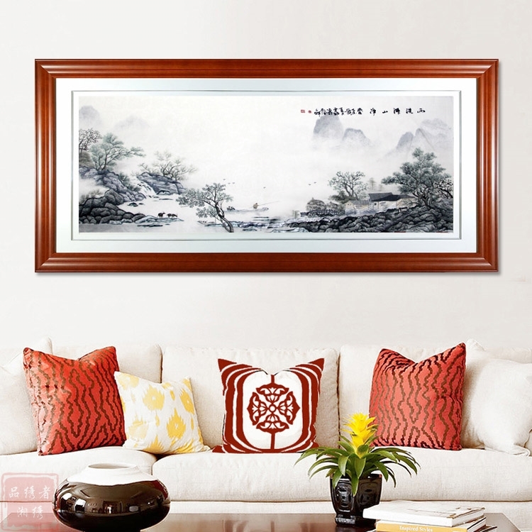 湘绣 雨洗清山净 山水风景画 手工刺绣 壁画 老外礼物 送领导礼品