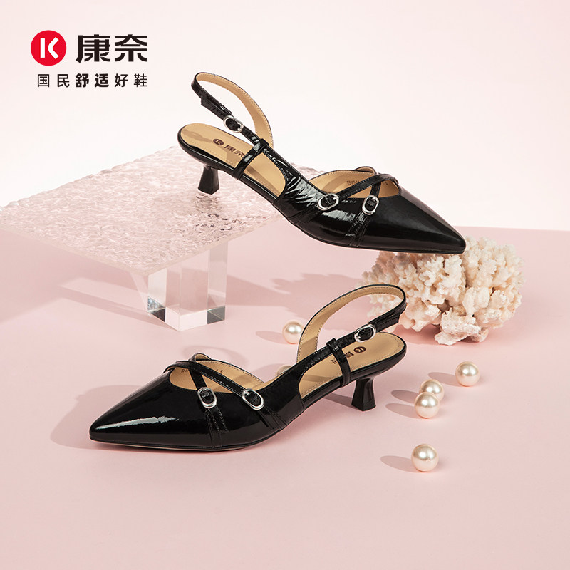 康奈女鞋夏季潮流凉鞋后空透气一字带休闲鞋牛皮尖头时尚时装凉鞋