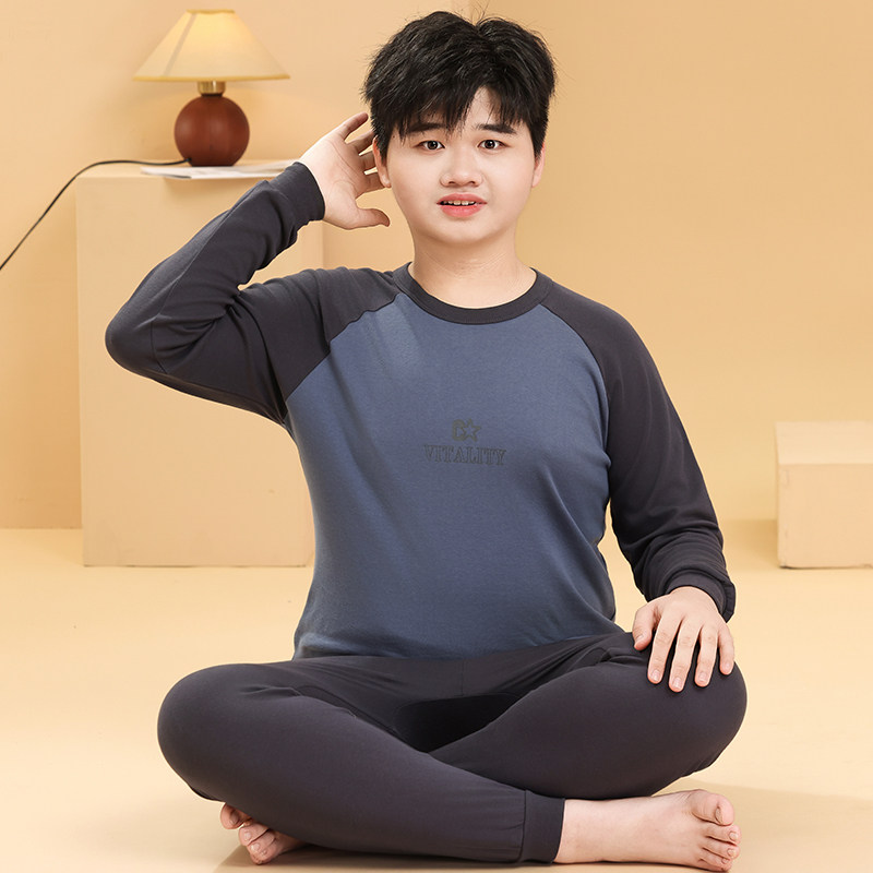 全棉男童棉毛衫大童线衣线裤胖童青少年秋衣秋裤套装纯棉加肥加大